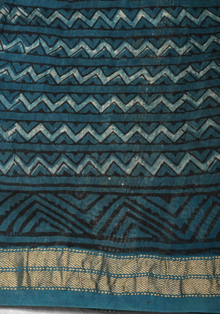 Teal Chanderi Silk Cotton Saree with Ajrakh Hand Block Print and Zari Border