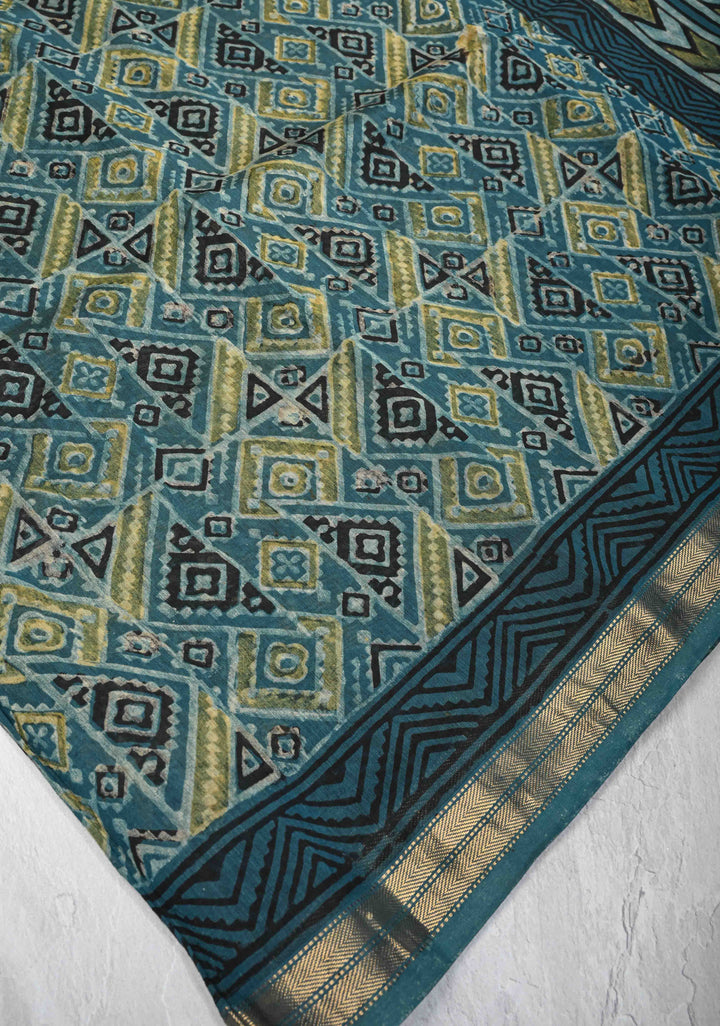 Teal Chanderi Silk Cotton Saree with Ajrakh Hand Block Print and Zari Border