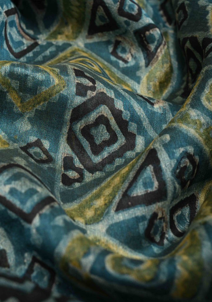 Teal Chanderi Silk Cotton Saree with Ajrakh Hand Block Print and Zari Border