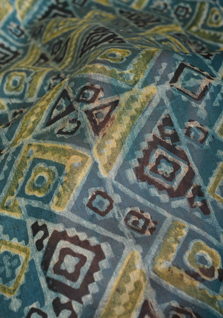 Teal Chanderi Silk Cotton Saree with Ajrakh Hand Block Print and Zari Border