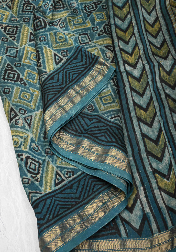 Teal Chanderi Silk Cotton Saree with Ajrakh Hand Block Print and Zari Border