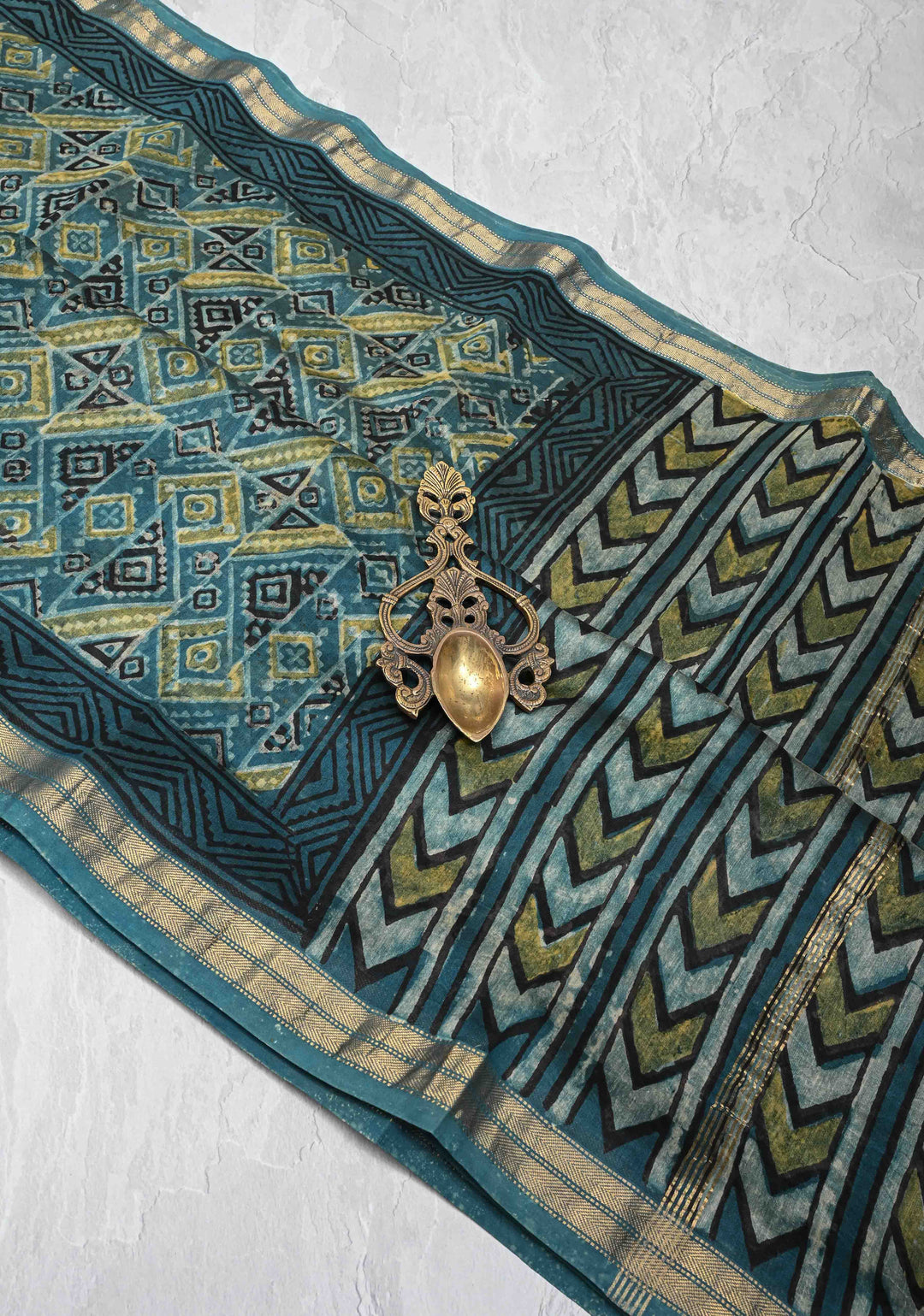 Teal Chanderi Silk Cotton Saree with Ajrakh Hand Block Print and Zari Border