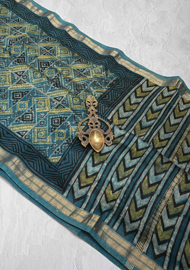 Teal Chanderi Silk Cotton Saree with Ajrakh Hand Block Print and Zari Border