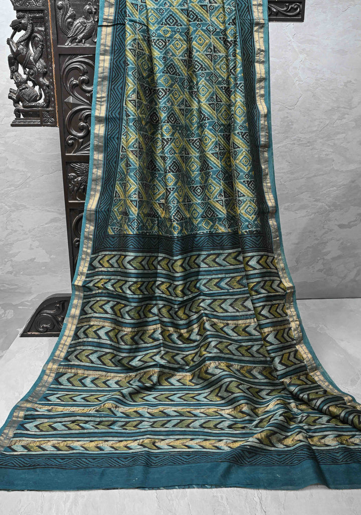 Teal Chanderi Silk Cotton Saree with Ajrakh Hand Block Print and Zari Border