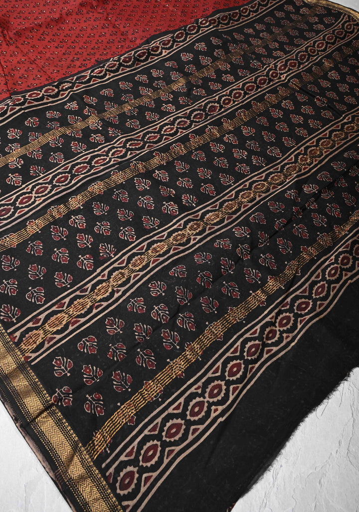 Burgundy Chanderi Silk Cotton Saree with Sanganeri Hand Block Print and Zari Border