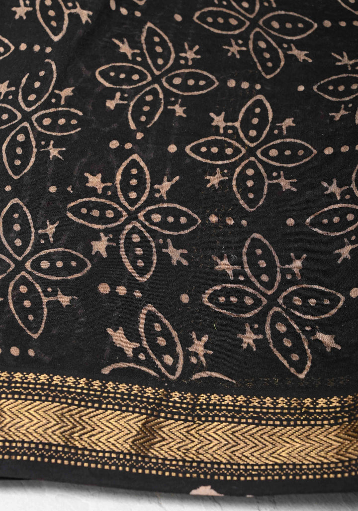 Burgundy Chanderi Silk Cotton Saree with Sanganeri Hand Block Print and Zari Border