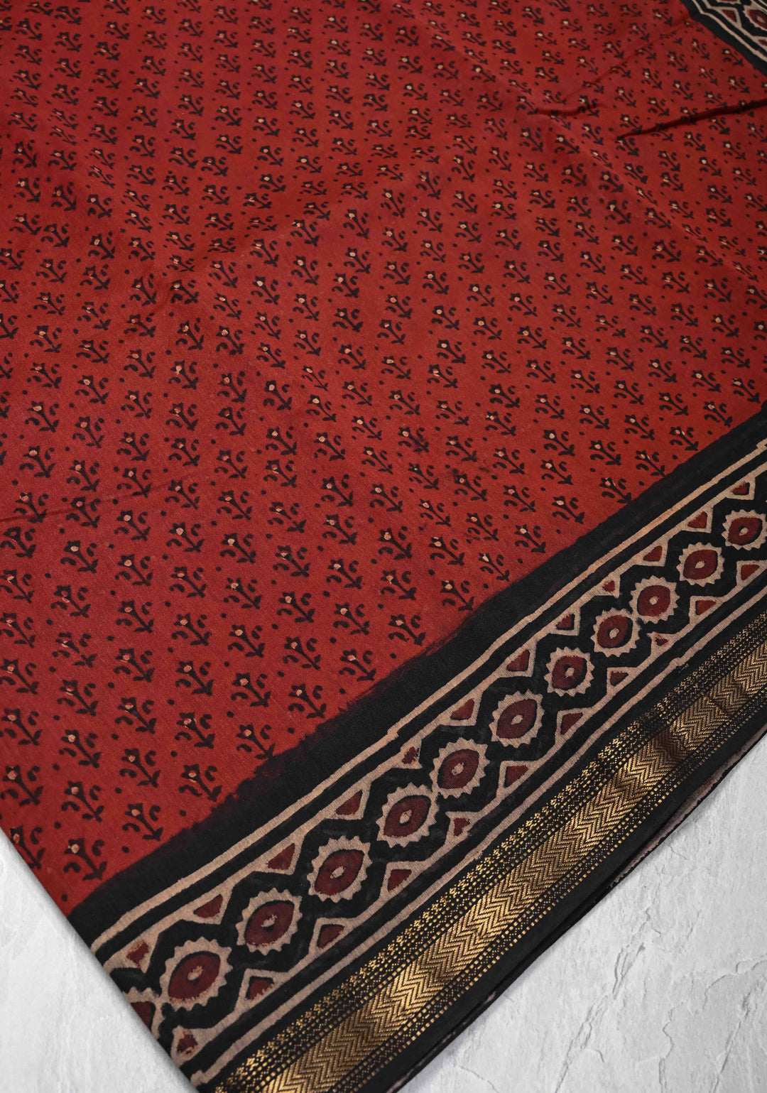 Burgundy Chanderi Silk Cotton Saree with Sanganeri Hand Block Print and Zari Border