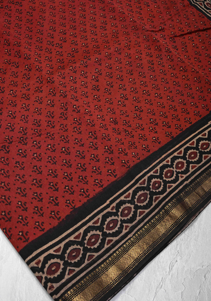 Burgundy Chanderi Silk Cotton Saree with Sanganeri Hand Block Print and Zari Border