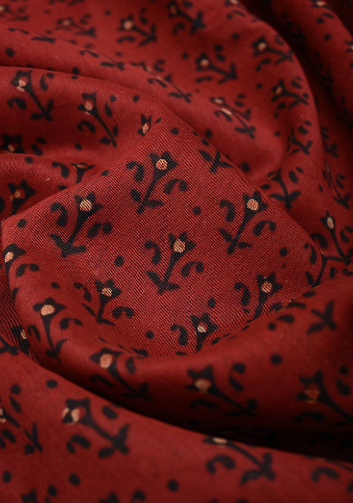 Burgundy Chanderi Silk Cotton Saree with Sanganeri Hand Block Print and Zari Border