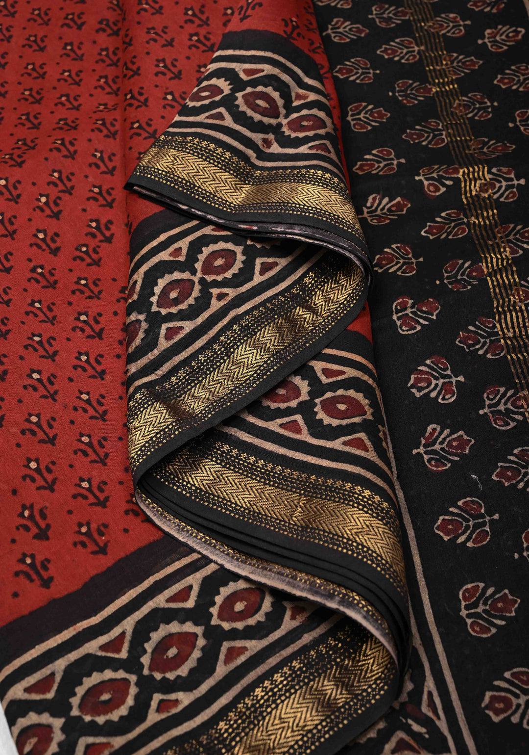 Burgundy Chanderi Silk Cotton Saree with Sanganeri Hand Block Print and Zari Border