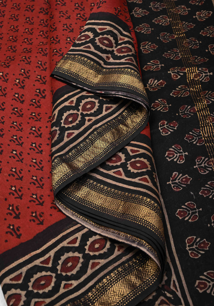 Burgundy Chanderi Silk Cotton Saree with Sanganeri Hand Block Print and Zari Border