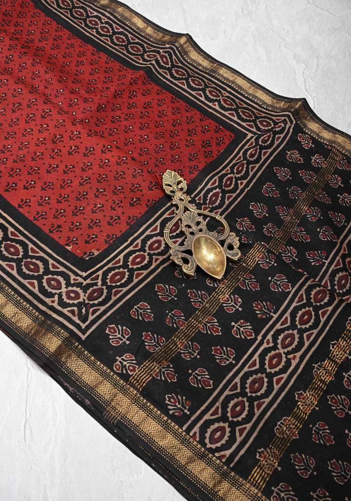 Burgundy Chanderi Silk Cotton Saree with Sanganeri Hand Block Print and Zari Border