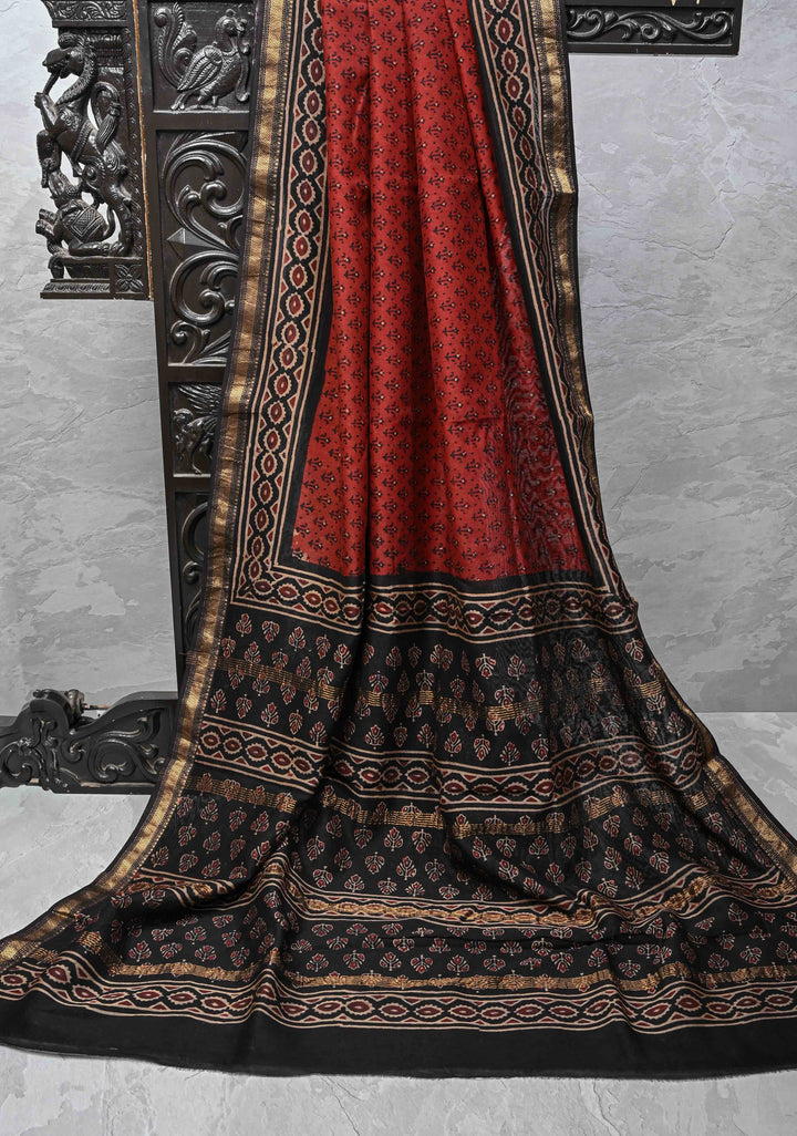 Burgundy Chanderi Silk Cotton Saree with Sanganeri Hand Block Print and Zari Border
