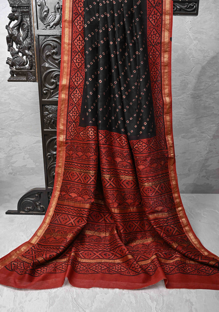 Black Chanderi Silk Cotton Saree with Bandhej Hand Block Print and Zari Border