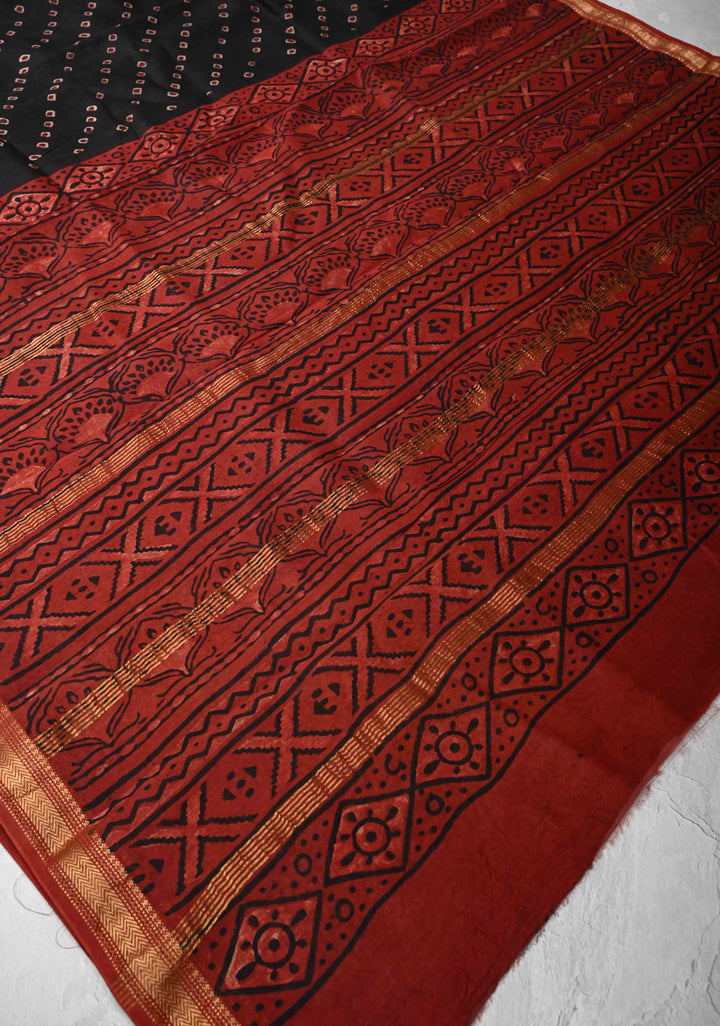 Black Chanderi Silk Cotton Saree with Bandhej Hand Block Print and Zari Border