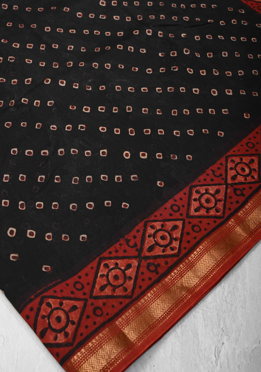 Black Chanderi Silk Cotton Saree with Bandhej Hand Block Print and Zari Border
