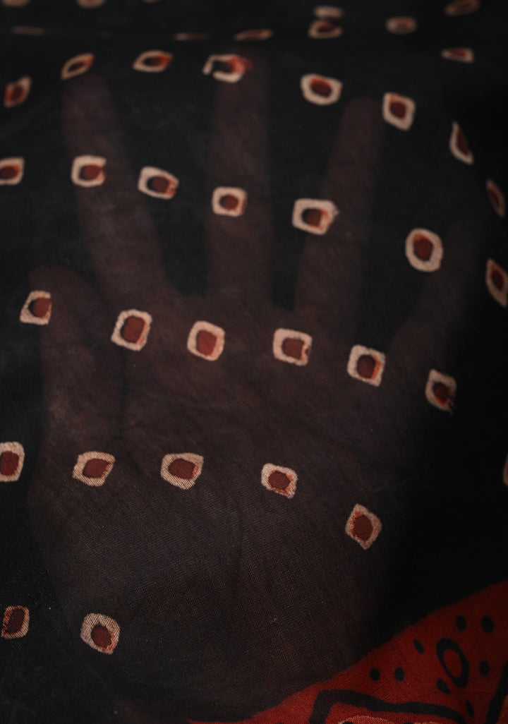 Black Chanderi Silk Cotton Saree with Bandhej Hand Block Print and Zari Border