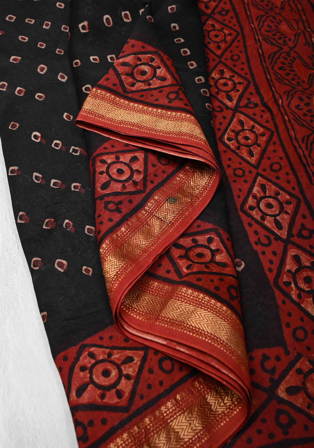 Black Chanderi Silk Cotton Saree with Bandhej Hand Block Print and Zari Border