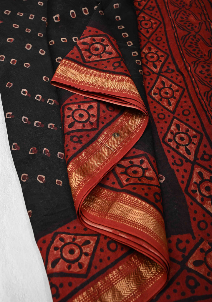 Black Chanderi Silk Cotton Saree with Bandhej Hand Block Print and Zari Border