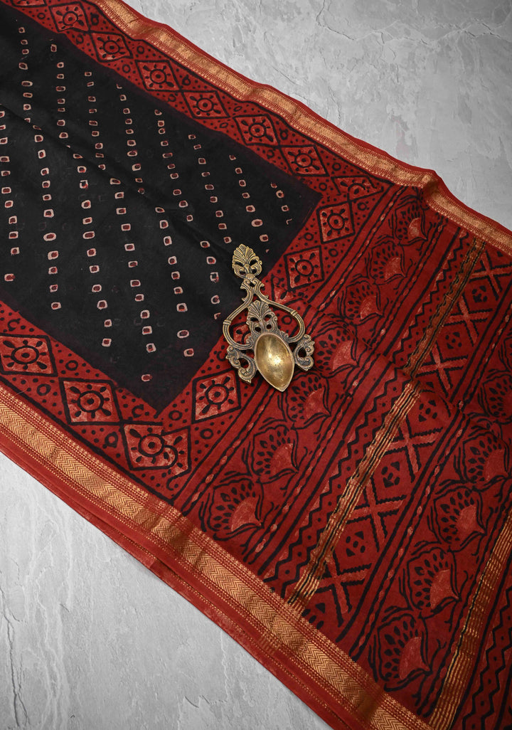 Black Chanderi Silk Cotton Saree with Bandhej Hand Block Print and Zari Border