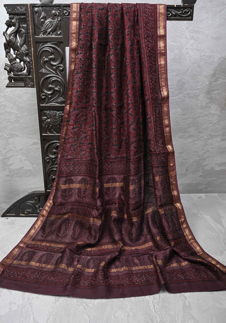 Plum Chanderi Silk Cotton Saree with Sanganeri Floral Hand Block Print and Zari Border
