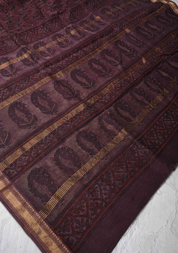 Plum Chanderi Silk Cotton Saree with Sanganeri Floral Hand Block Print and Zari Border