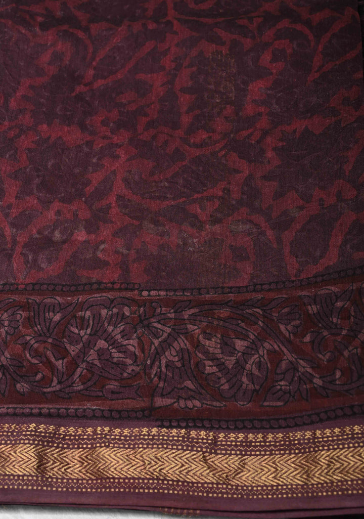 Plum Chanderi Silk Cotton Saree with Sanganeri Floral Hand Block Print and Zari Border