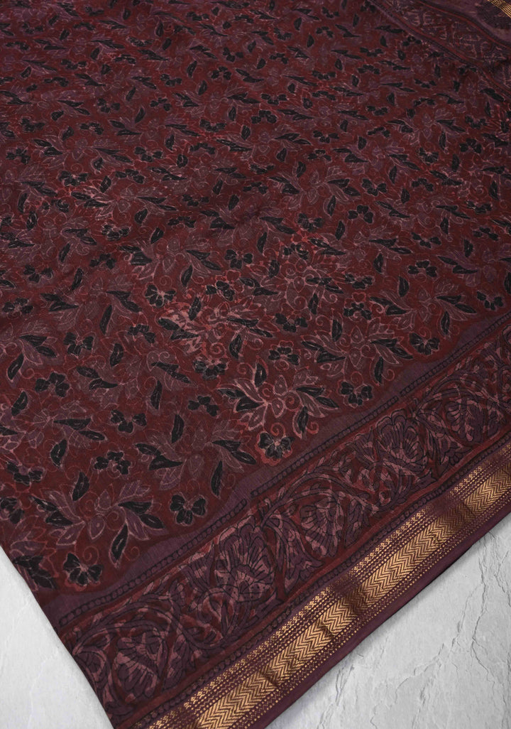Plum Chanderi Silk Cotton Saree with Sanganeri Floral Hand Block Print and Zari Border