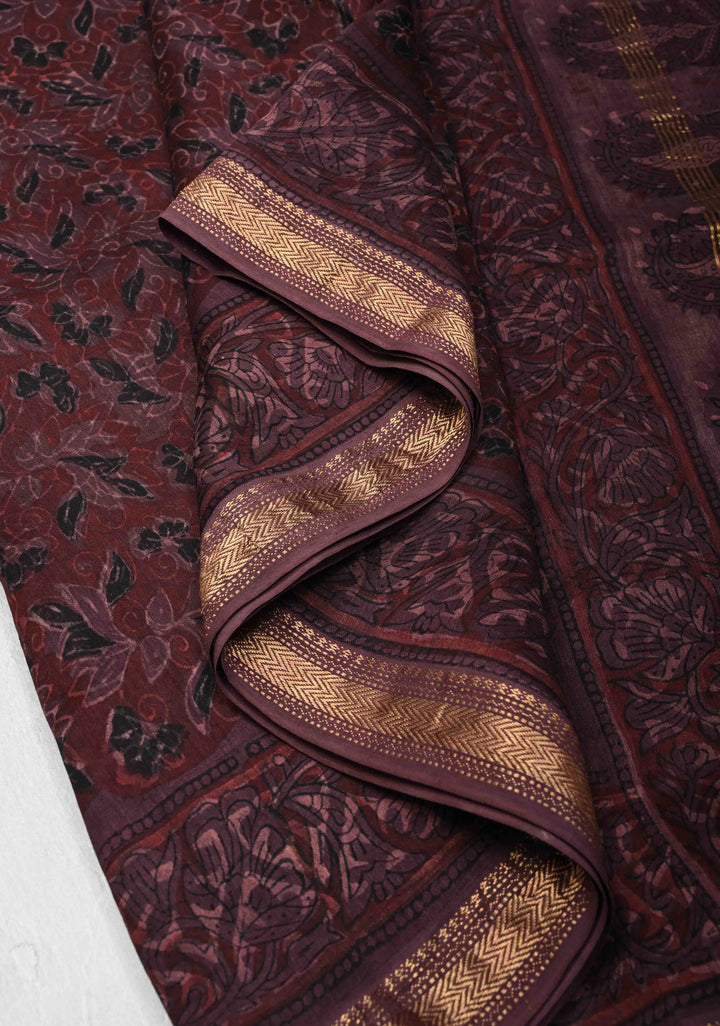 Plum Chanderi Silk Cotton Saree with Sanganeri Floral Hand Block Print and Zari Border