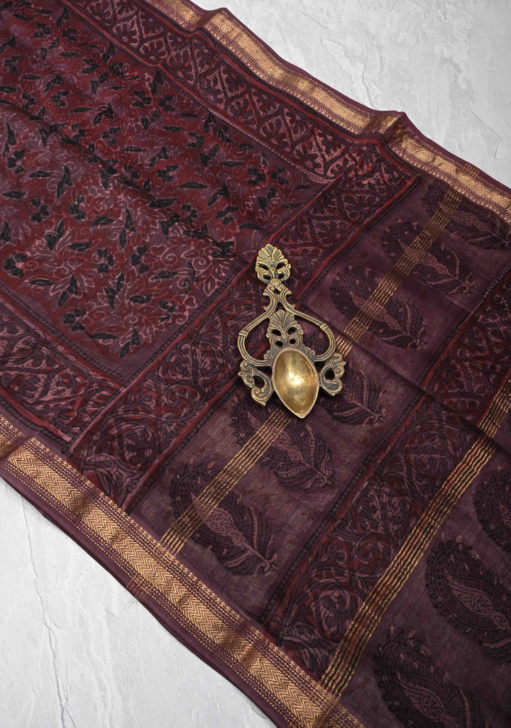 Plum Chanderi Silk Cotton Saree with Sanganeri Floral Hand Block Print and Zari Border