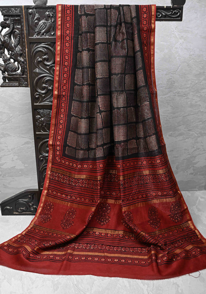 Chanderi Silk Cotton Saree in Black with Ajrakh Hand Block Print and Minimal Zari Border