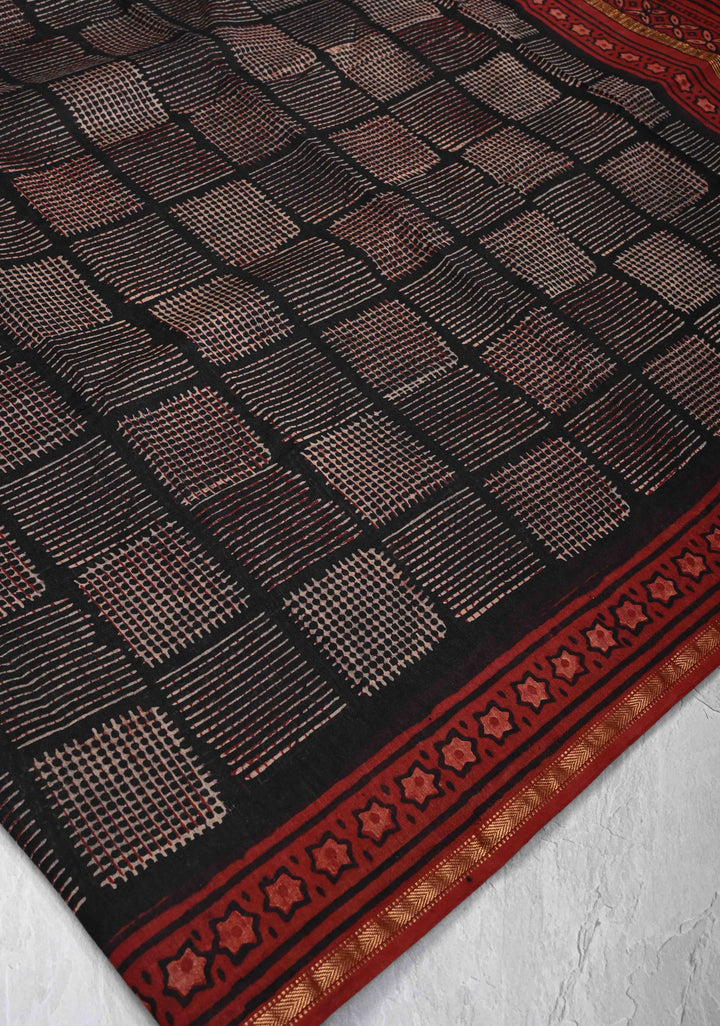 Chanderi Silk Cotton Saree in Black with Ajrakh Hand Block Print and Minimal Zari Border