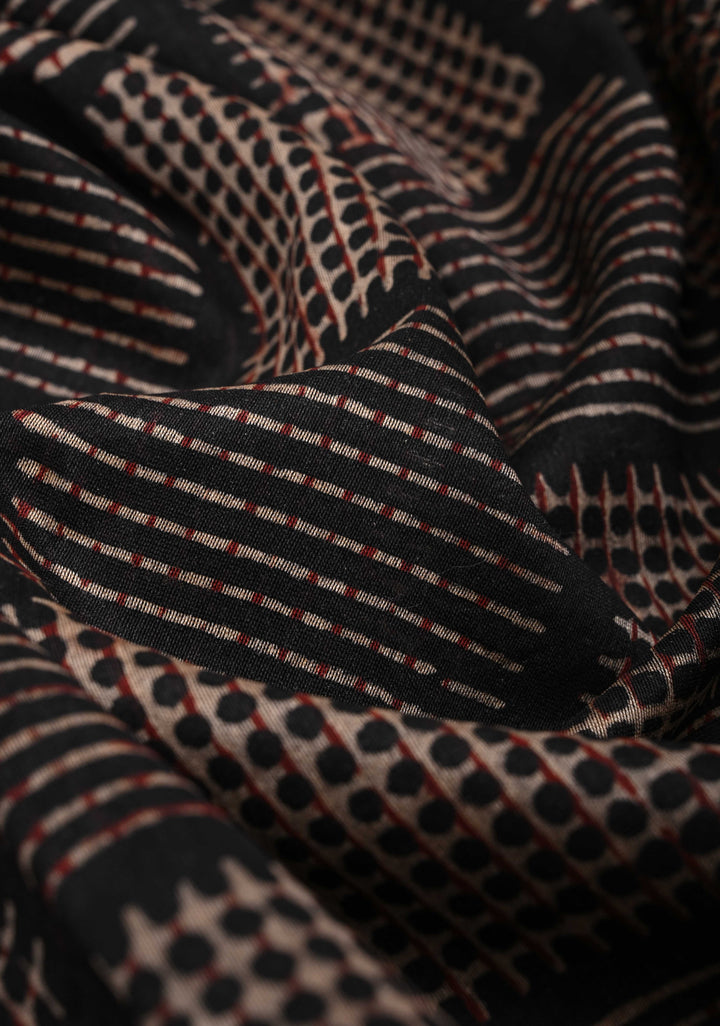 Chanderi Silk Cotton Saree in Black with Ajrakh Hand Block Print and Minimal Zari Border