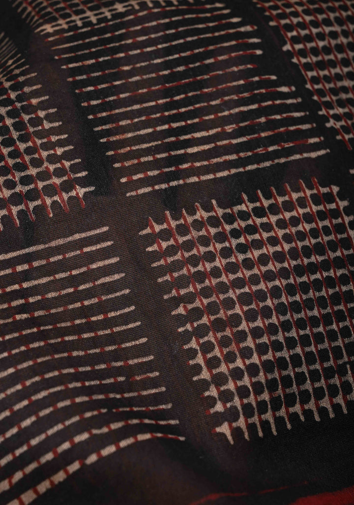 Chanderi Silk Cotton Saree in Black with Ajrakh Hand Block Print and Minimal Zari Border