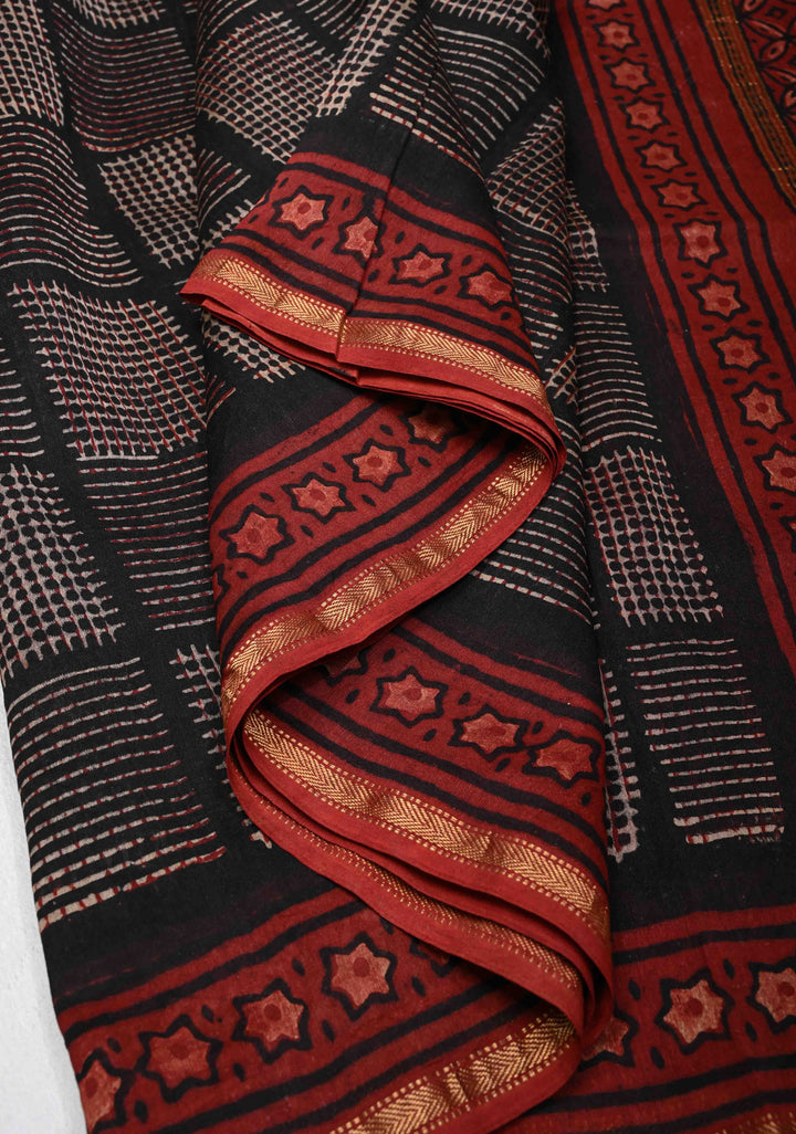 Chanderi Silk Cotton Saree in Black with Ajrakh Hand Block Print and Minimal Zari Border