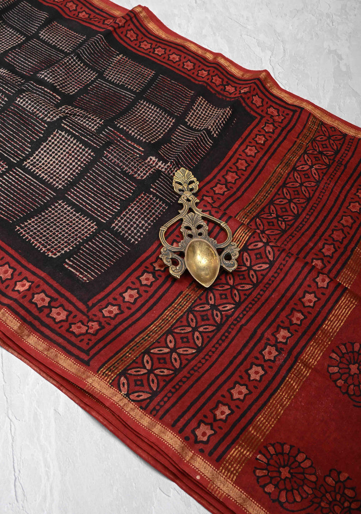Chanderi Silk Cotton Saree in Black with Ajrakh Hand Block Print and Minimal Zari Border