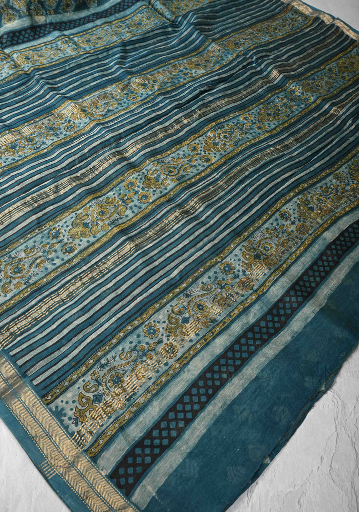 Chanderi Silk Cotton Saree in Peacock Blue with Sanganeri Hand Block Print and Minimal Zari Border