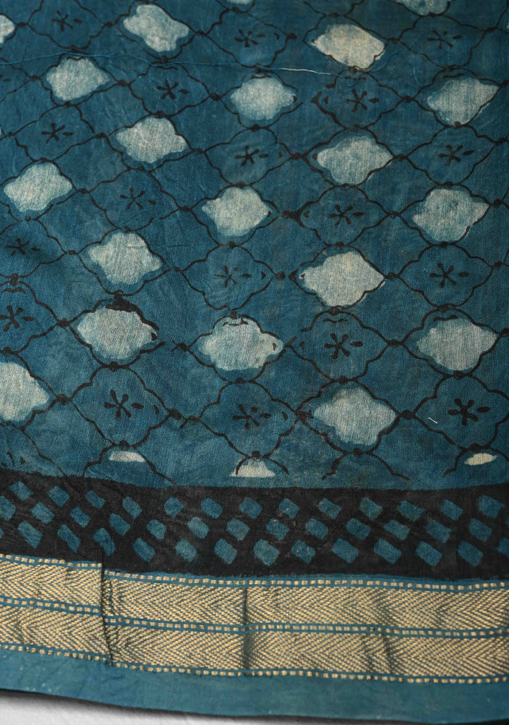Chanderi Silk Cotton Saree in Peacock Blue with Sanganeri Hand Block Print and Minimal Zari Border