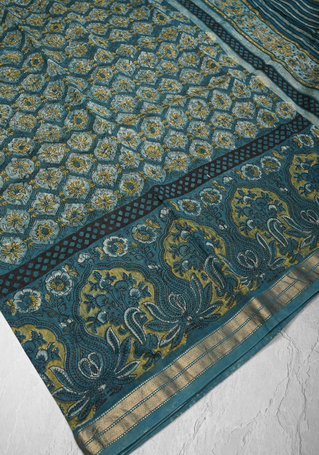Chanderi Silk Cotton Saree in Peacock Blue with Sanganeri Hand Block Print and Minimal Zari Border