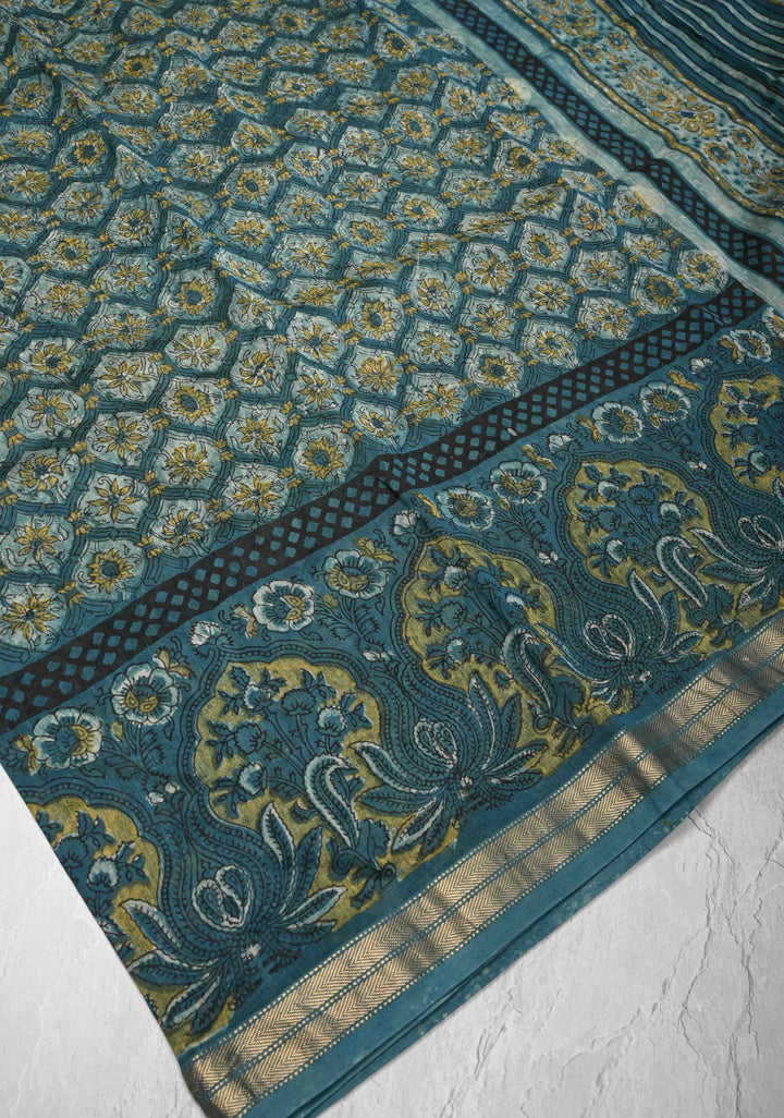Chanderi Silk Cotton Saree in Peacock Blue with Sanganeri Hand Block Print and Minimal Zari Border