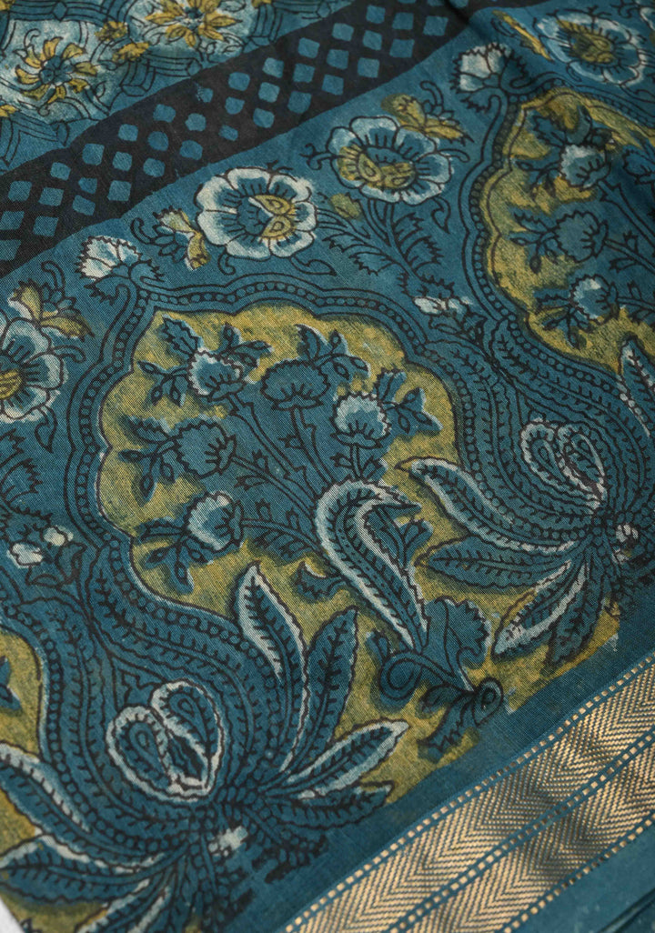 Chanderi Silk Cotton Saree in Peacock Blue with Sanganeri Hand Block Print and Minimal Zari Border