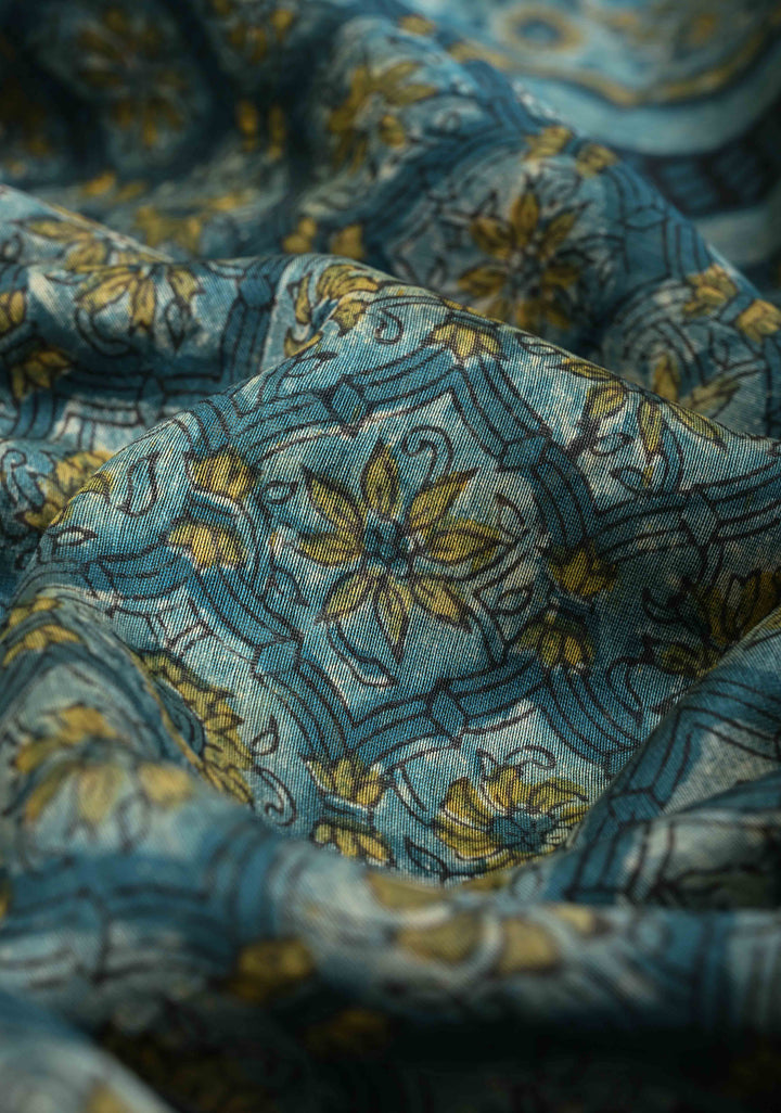 Chanderi Silk Cotton Saree in Peacock Blue with Sanganeri Hand Block Print and Minimal Zari Border