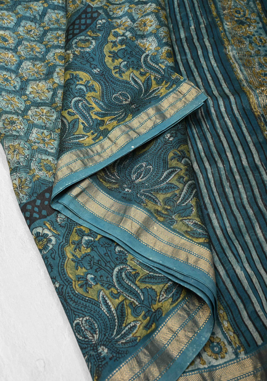 Chanderi Silk Cotton Saree in Peacock Blue with Sanganeri Hand Block Print and Minimal Zari Border