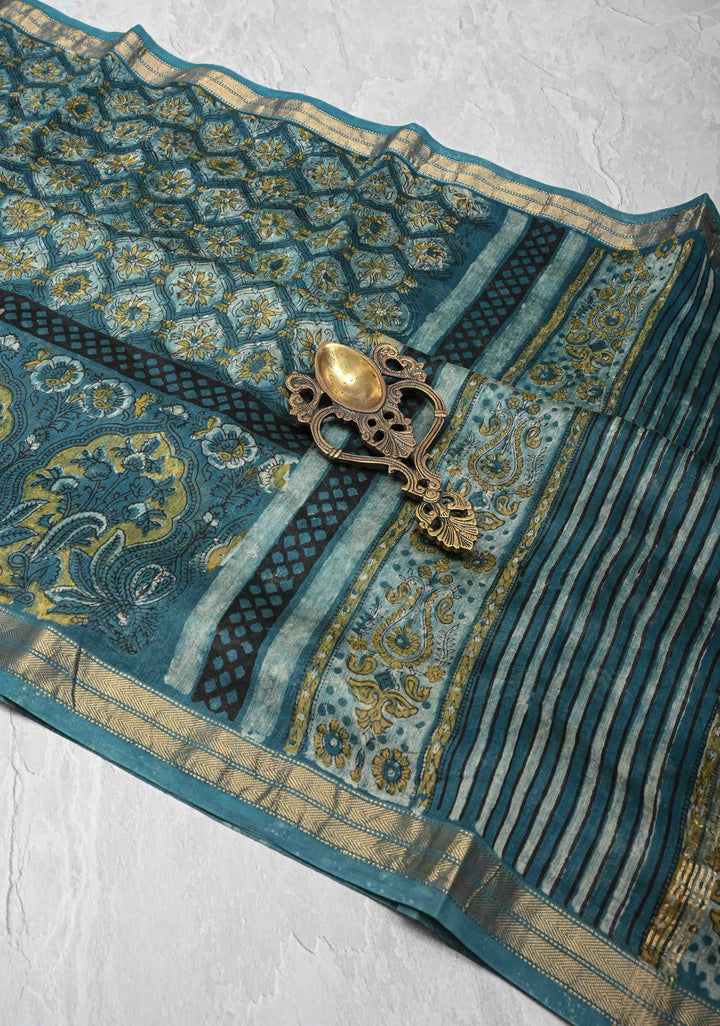 Chanderi Silk Cotton Saree in Peacock Blue with Sanganeri Hand Block Print and Minimal Zari Border
