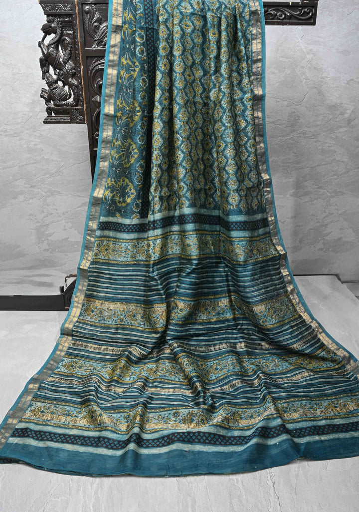Chanderi Silk Cotton Saree in Peacock Blue with Sanganeri Hand Block Print and Minimal Zari Border
