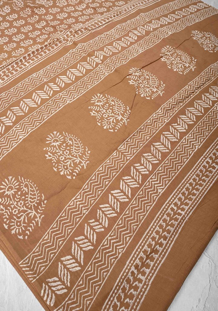 Wood Brown Mul Cotton Saree with Floral Bagru Hand Block Print