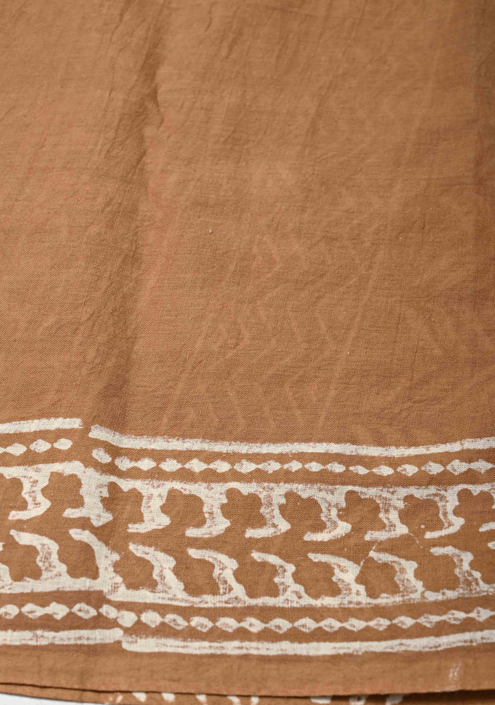 Wood Brown Mul Cotton Saree with Floral Bagru Hand Block Print