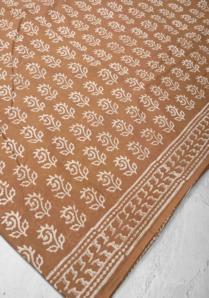 Wood Brown Mul Cotton Saree with Floral Bagru Hand Block Print