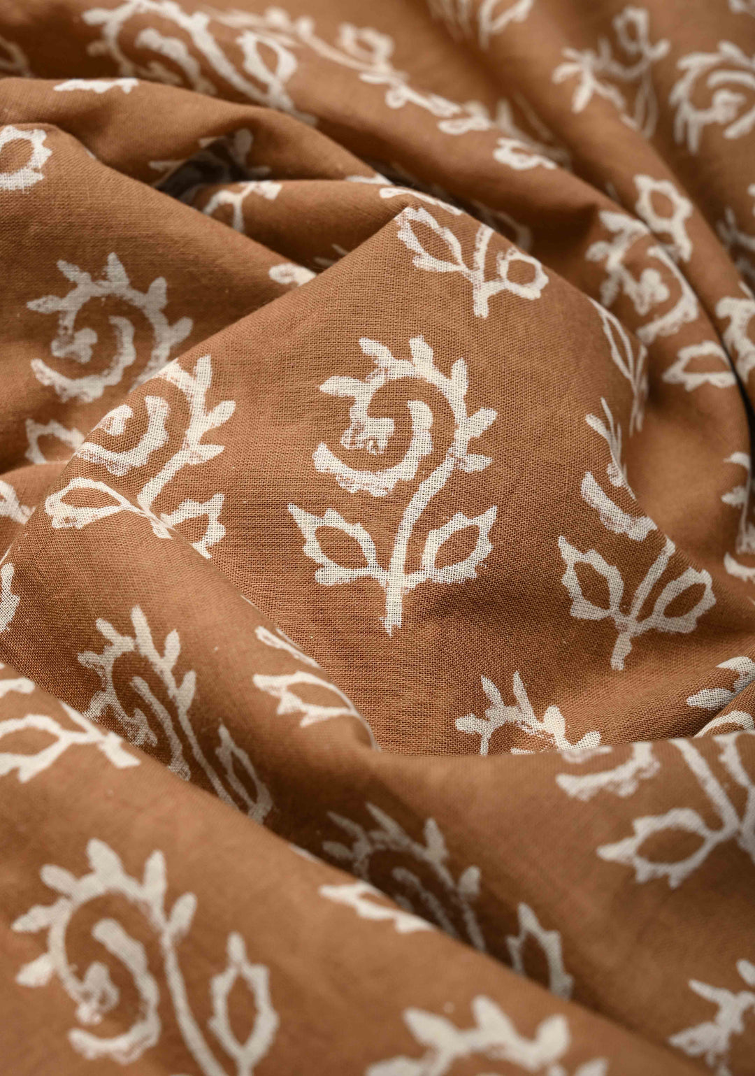 Wood Brown Mul Cotton Saree with Floral Bagru Hand Block Print