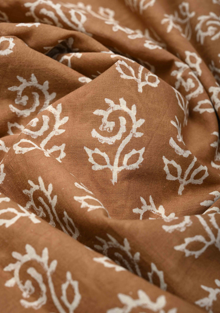 Wood Brown Mul Cotton Saree with Floral Bagru Hand Block Print